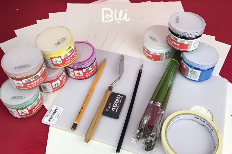 Chuẩn bị họa cụ để vẽ tranh màu gouache